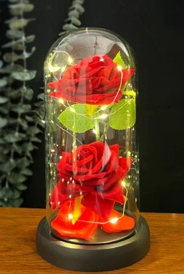Rose artificielle dans cloche 2 roses rouges